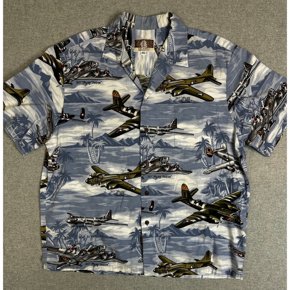 VTG Kalaheo Hawaiian Shirt Mens XL Blue WWII Warbird Airplane Hawaii USA Made